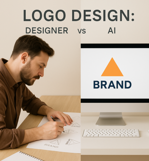 Split image showing human logo sketching on one side and AI-generated logo on screen on the other.